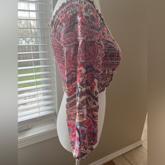 [S] GUESS Pink Floral Print Festival Inspired Crop Top with Lettuce Detail - Picture 5 of 10